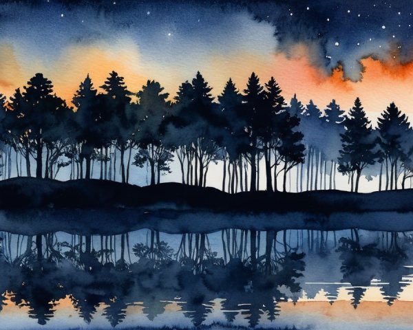 Watercolor Landscape of Pine Trees at Twilight