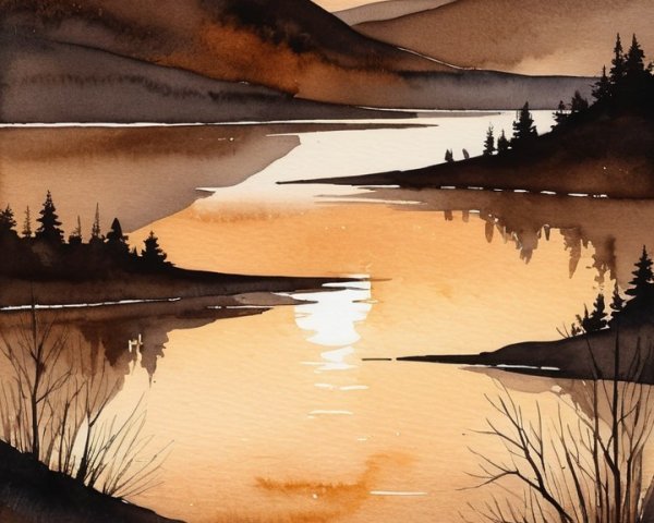 Tranquil Sunset Over River with Silhouetted Mountains