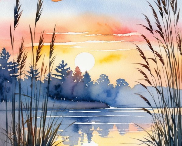 Serene Watercolor of Lakeside at Sunset