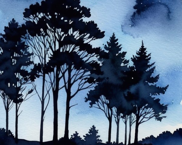 Watercolor Night Scene with Pine Trees and Stars