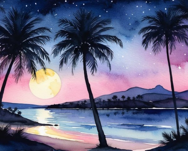 Tranquil Beach Watercolor Scene at Dusk