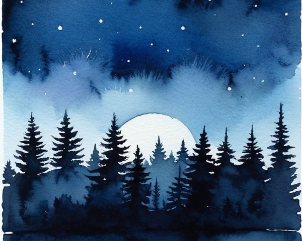 Watercolor Night Scene with Moon and Stars
