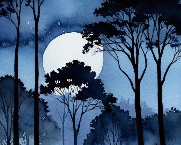 Moonlit Night Scene with Silhouetted Trees and Stars
