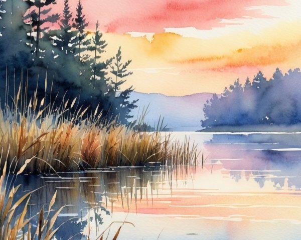 Watercolor Landscape of Sunset Over Tranquil Lake