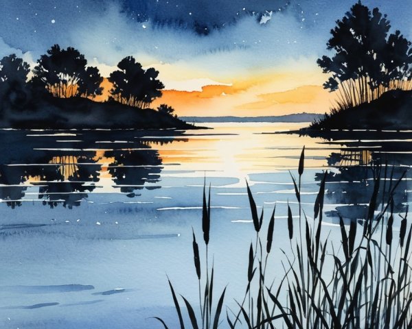 Watercolor Night Scene with Moonlit River and Trees