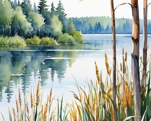 Tranquil Watercolor Lakeside Scene with Greenery