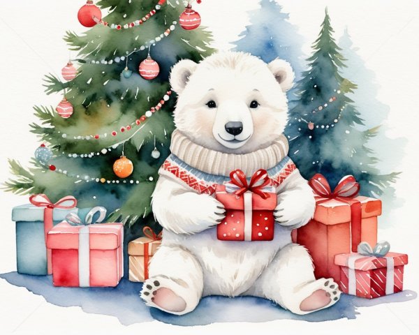 Watercolor Painting of Polar Bear Cub with Christmas Decor