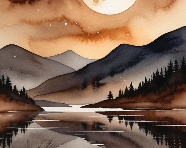Watercolor Landscape of River and Moonlit Mountains