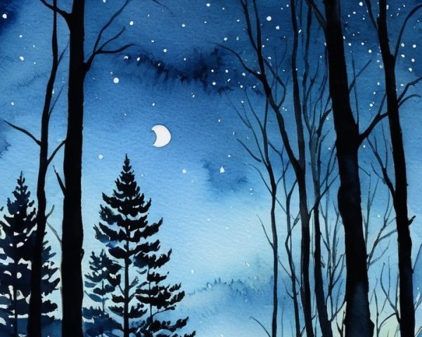 Serene Night Scene with Trees and Starry Sky