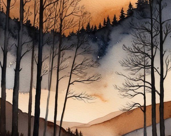Watercolor River Scene with Moonlit Sky and Trees
