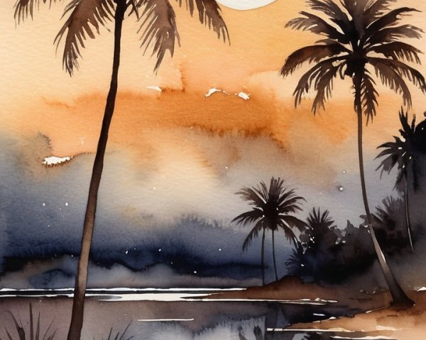 Watercolor Landscape with Palm Trees at Sunset