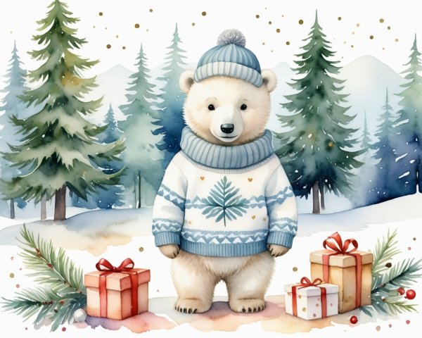 Watercolor Painting of Polar Bear Cub in Winter Scene