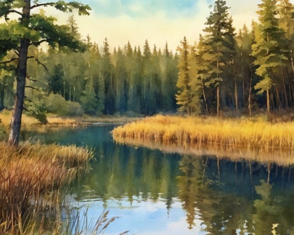 Tranquil River Landscape with Lush Greenery and Sky