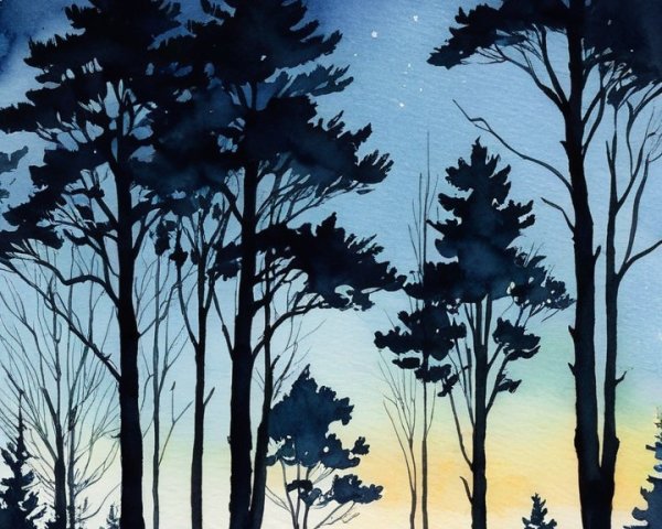 Moonlit Forest Watercolor with Starry Sky and Dawn