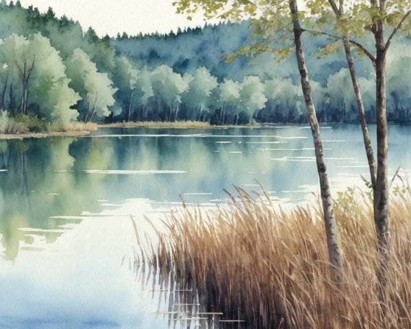 Tranquil Water Landscape with Lush Greenery and Trees