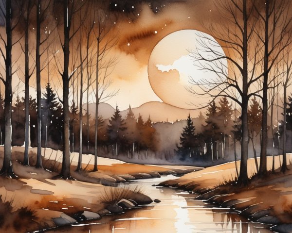 Tranquil River Landscape with Glowing Sun and Trees