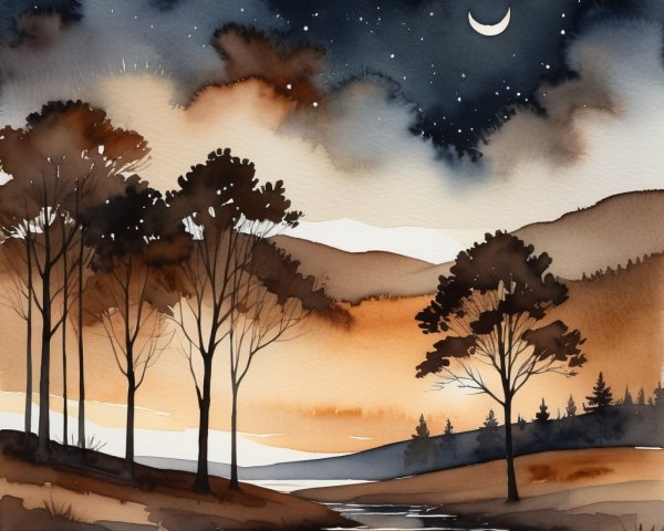 Tranquil River Landscape at Dusk with Silhouetted Trees