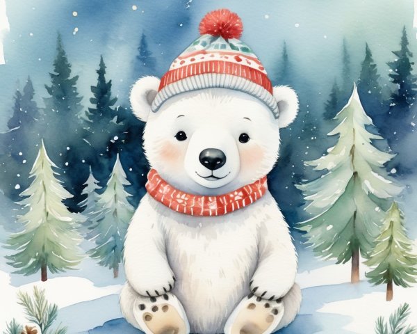 Whimsical Watercolor of Baby Polar Bear in Snow