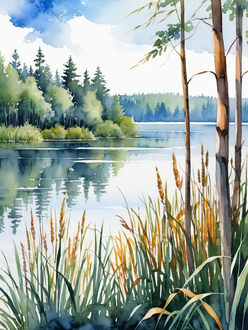 Tranquil Watercolor Lakeside Scene with Greenery