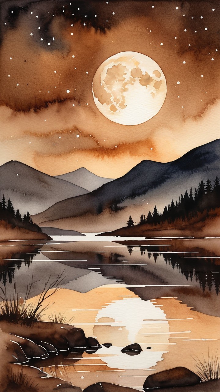 Watercolor Landscape of River and Moonlit Mountains