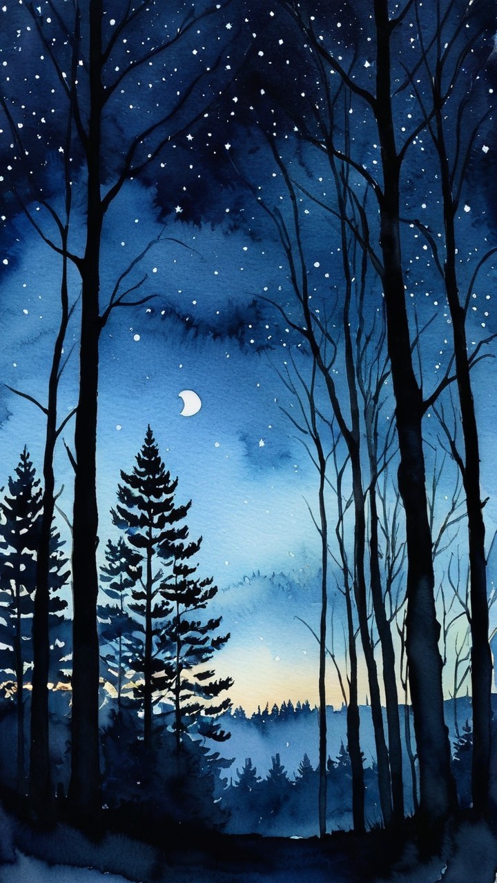 Serene Night Scene with Trees and Starry Sky