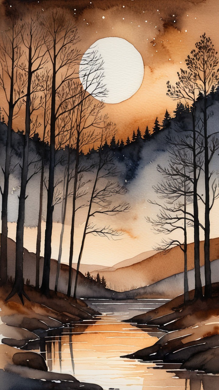 Watercolor River Scene with Moonlit Sky and Trees