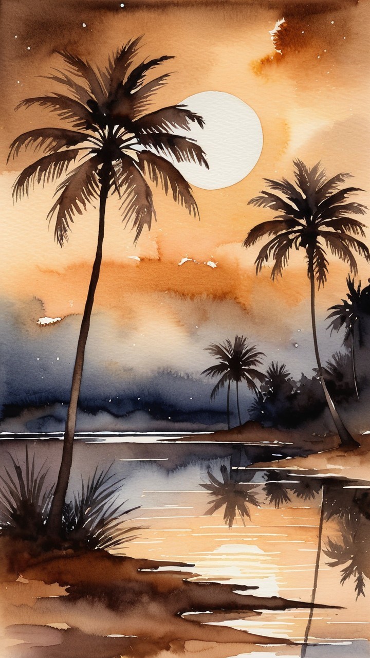 Watercolor Landscape with Palm Trees at Sunset