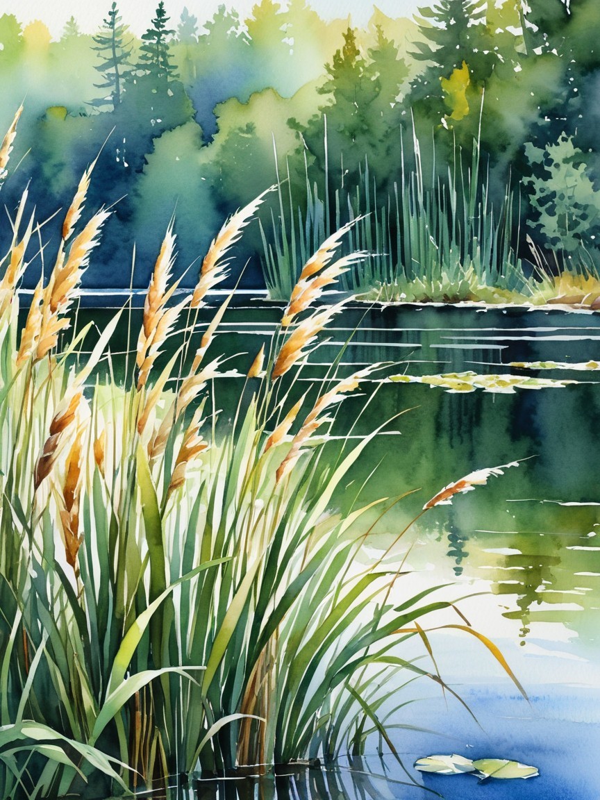 Tranquil Watercolor Landscape of a Serene Lake