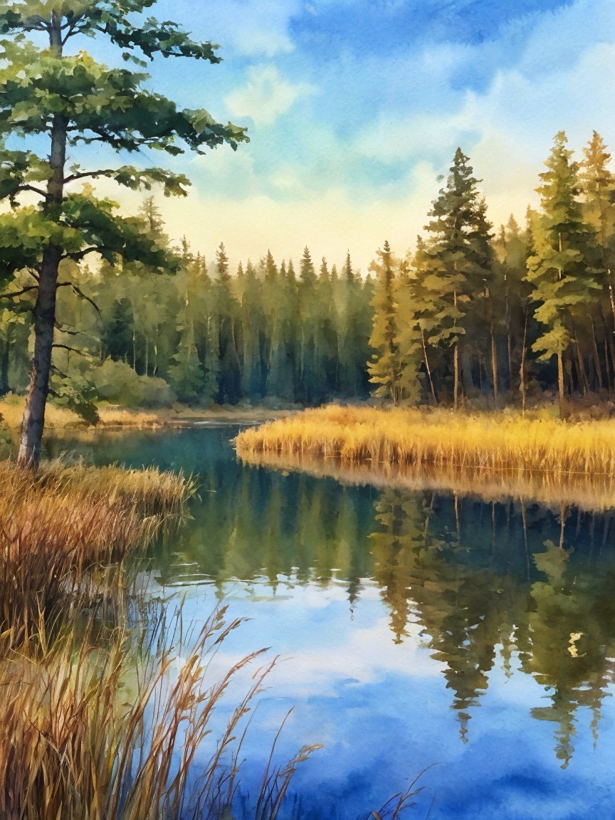 Tranquil River Landscape with Lush Greenery and Sky
