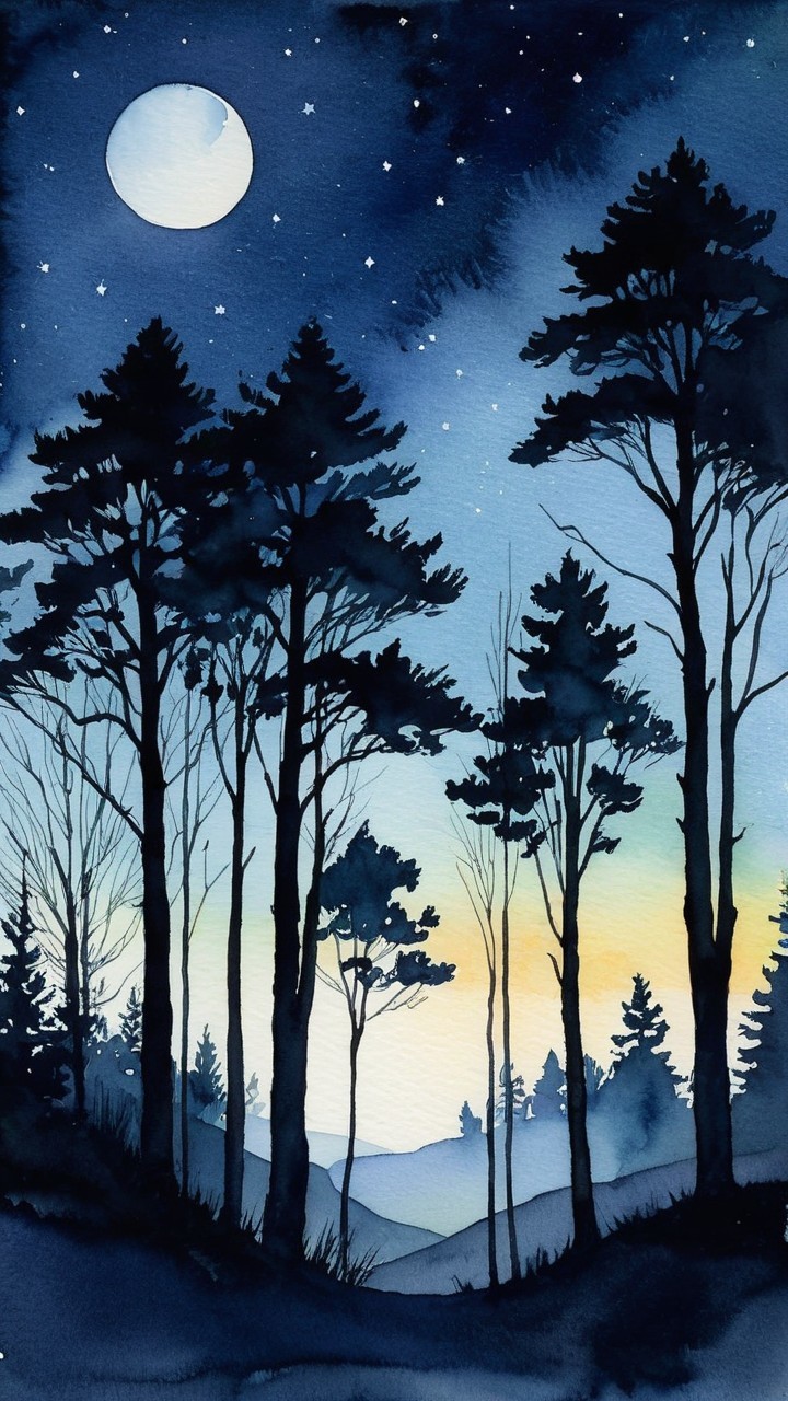 Moonlit Forest Watercolor with Starry Sky and Dawn
