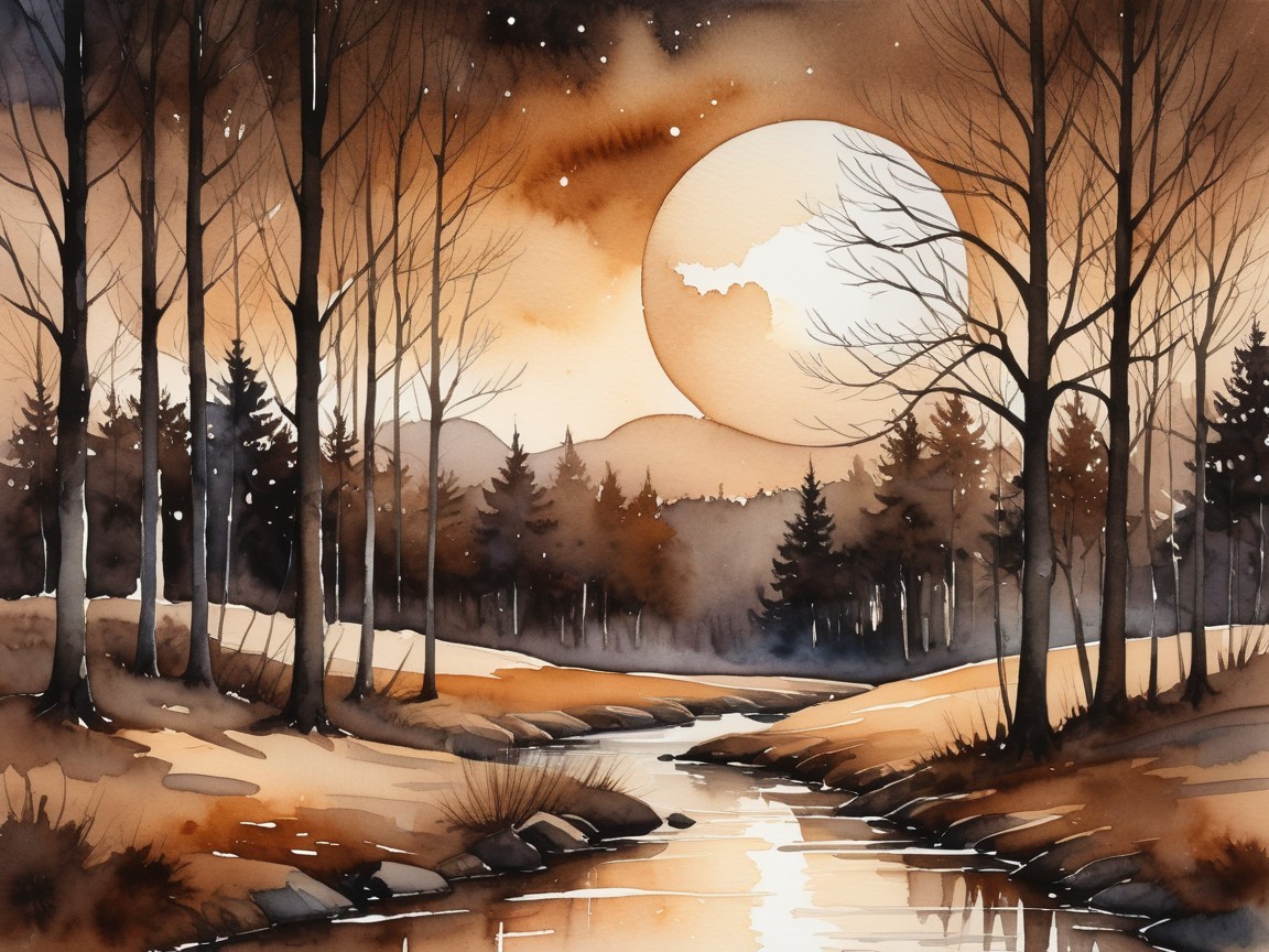Tranquil River Landscape with Glowing Sun and Trees