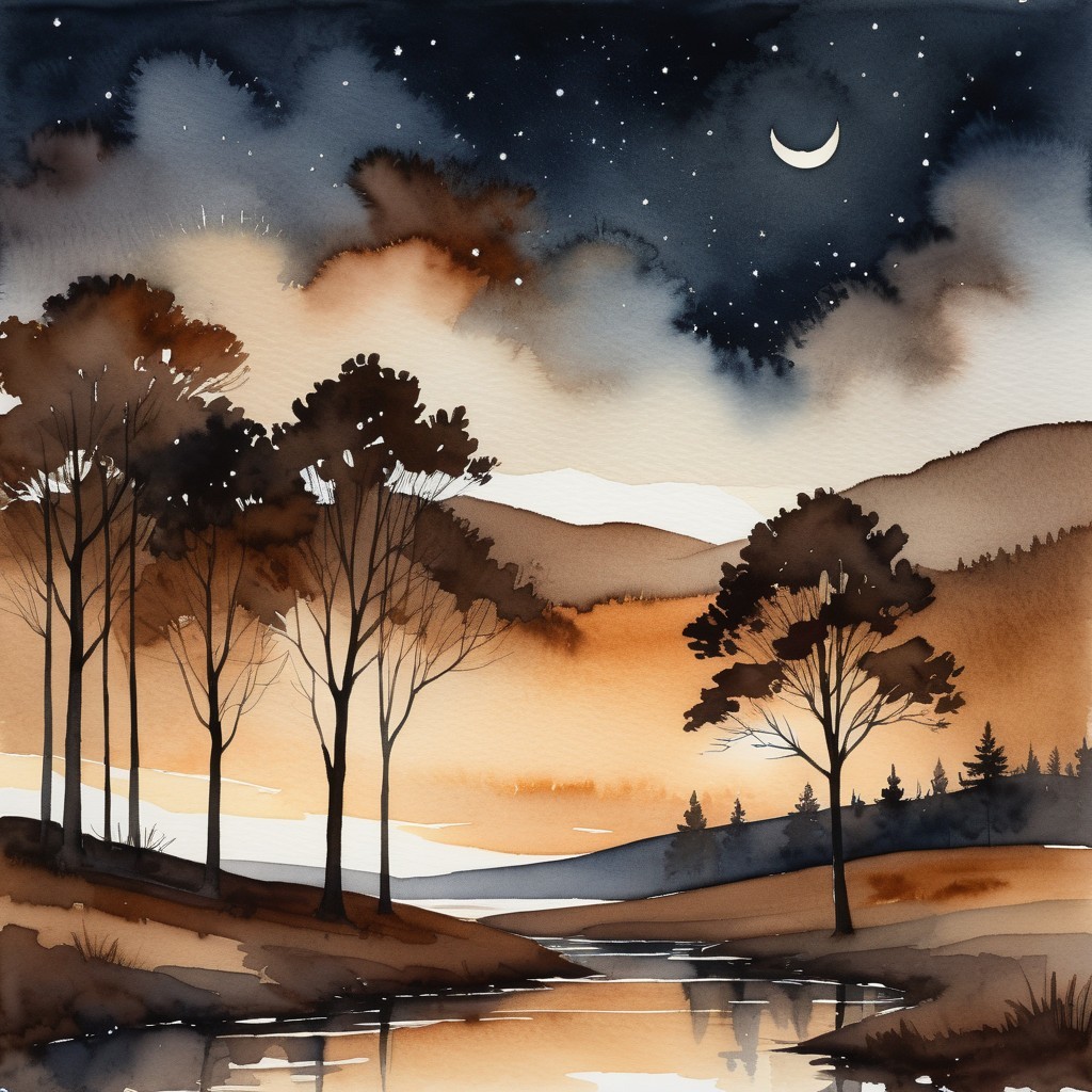 Tranquil River Landscape at Dusk with Silhouetted Trees