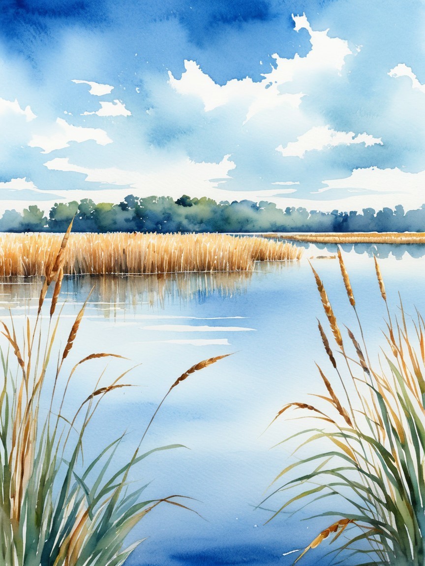 Watercolor Landscape with Reflective Water and Grasses