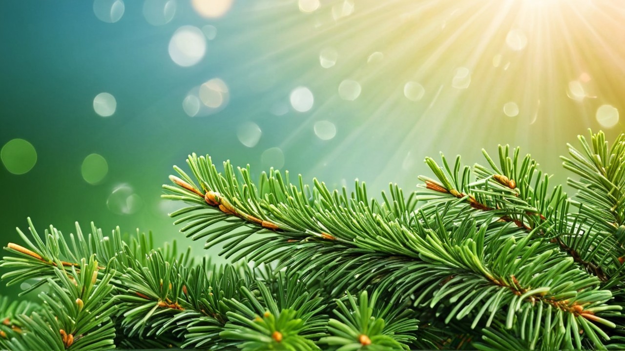 Close-up of fresh green pine needles with brown hints