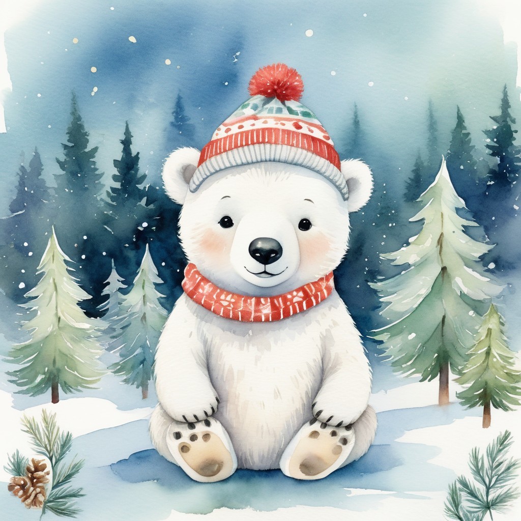 Whimsical Watercolor of Baby Polar Bear in Snow