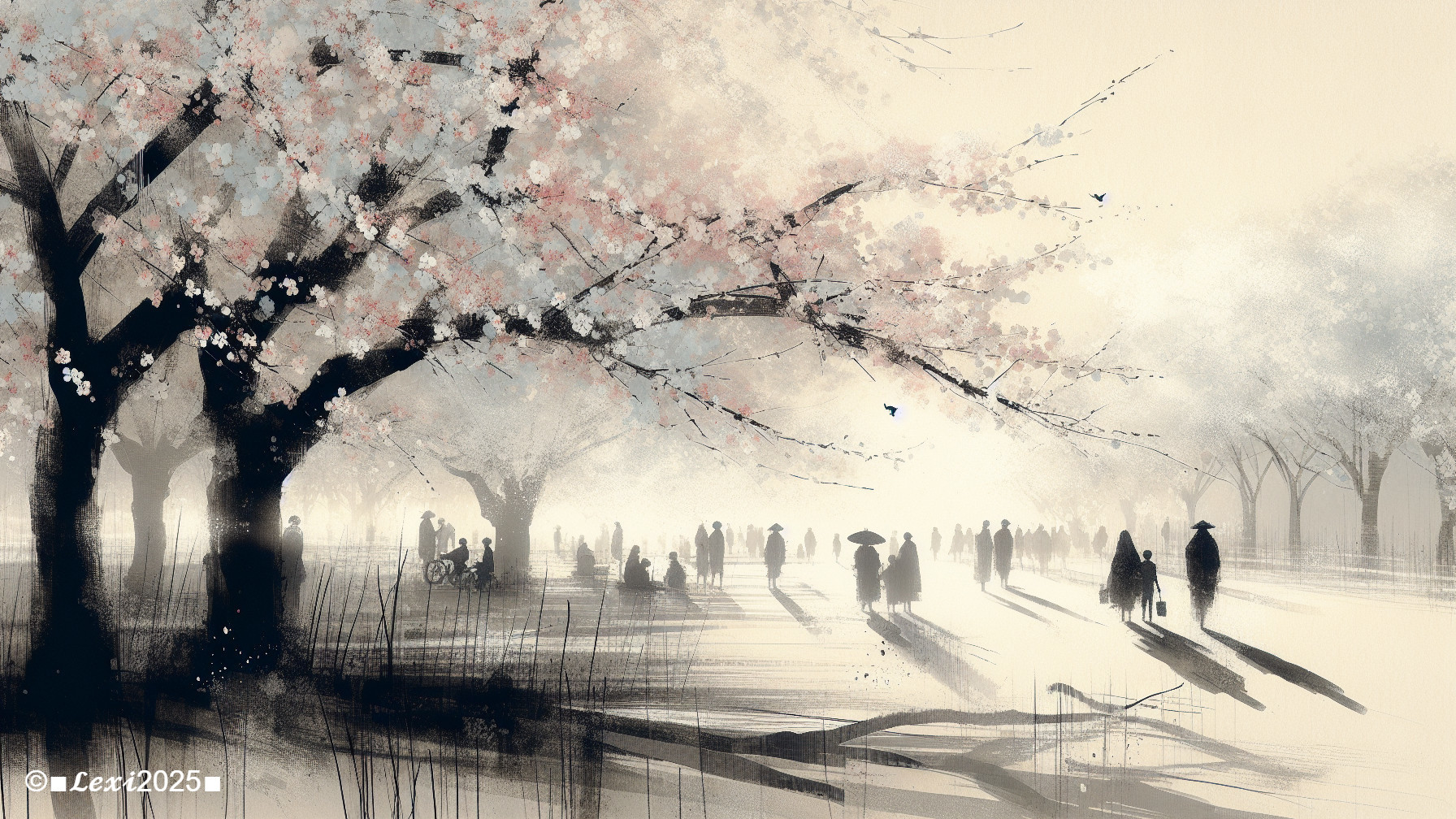 Serene Cherry Blossom Landscape with Silhouetted Figures