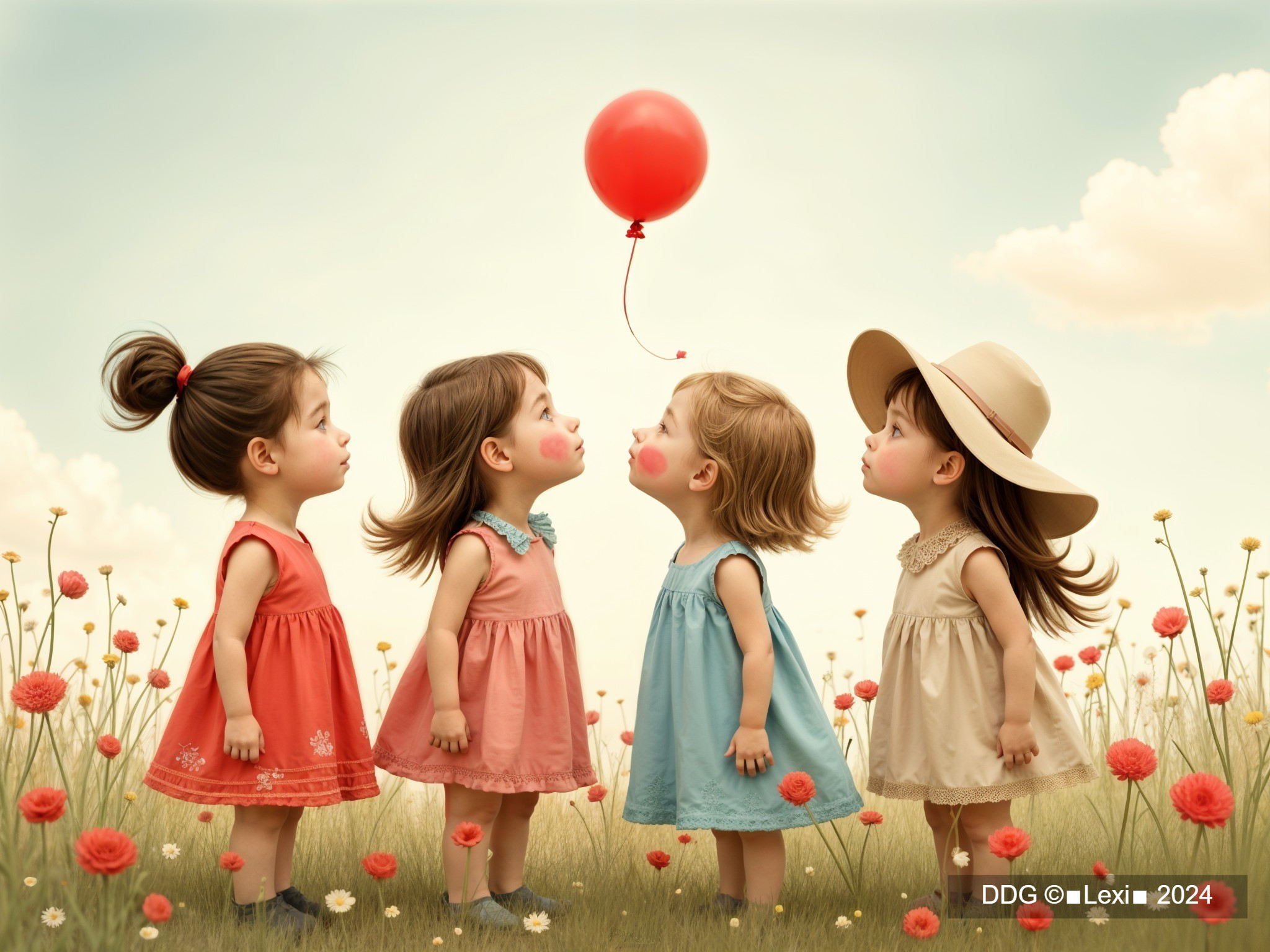Young girls in colorful dresses in a flower field