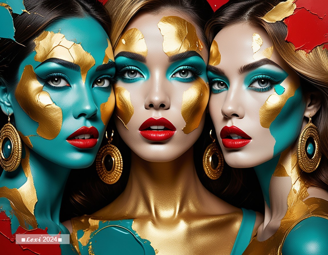Three Women with Bold Makeup and Turquoise Patterns