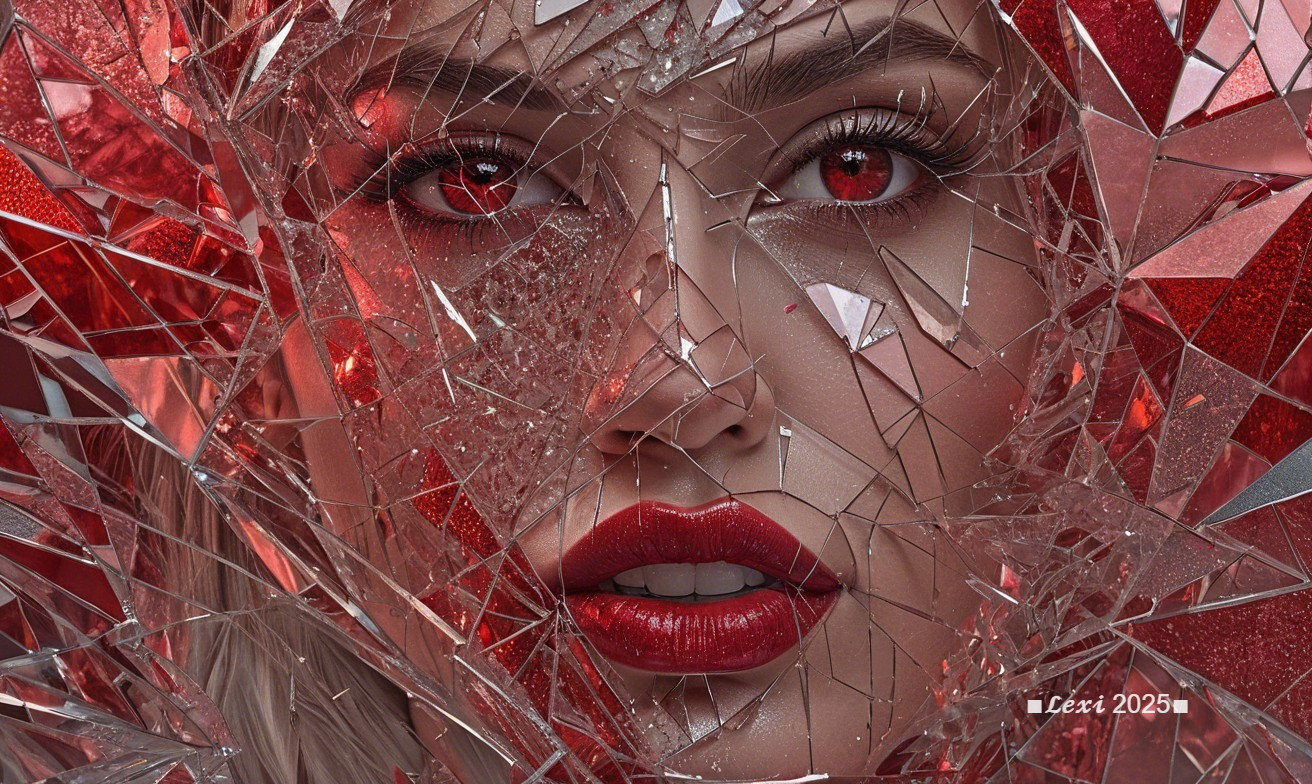 Close-Up Portrait of Woman with Red Eyes and Glass