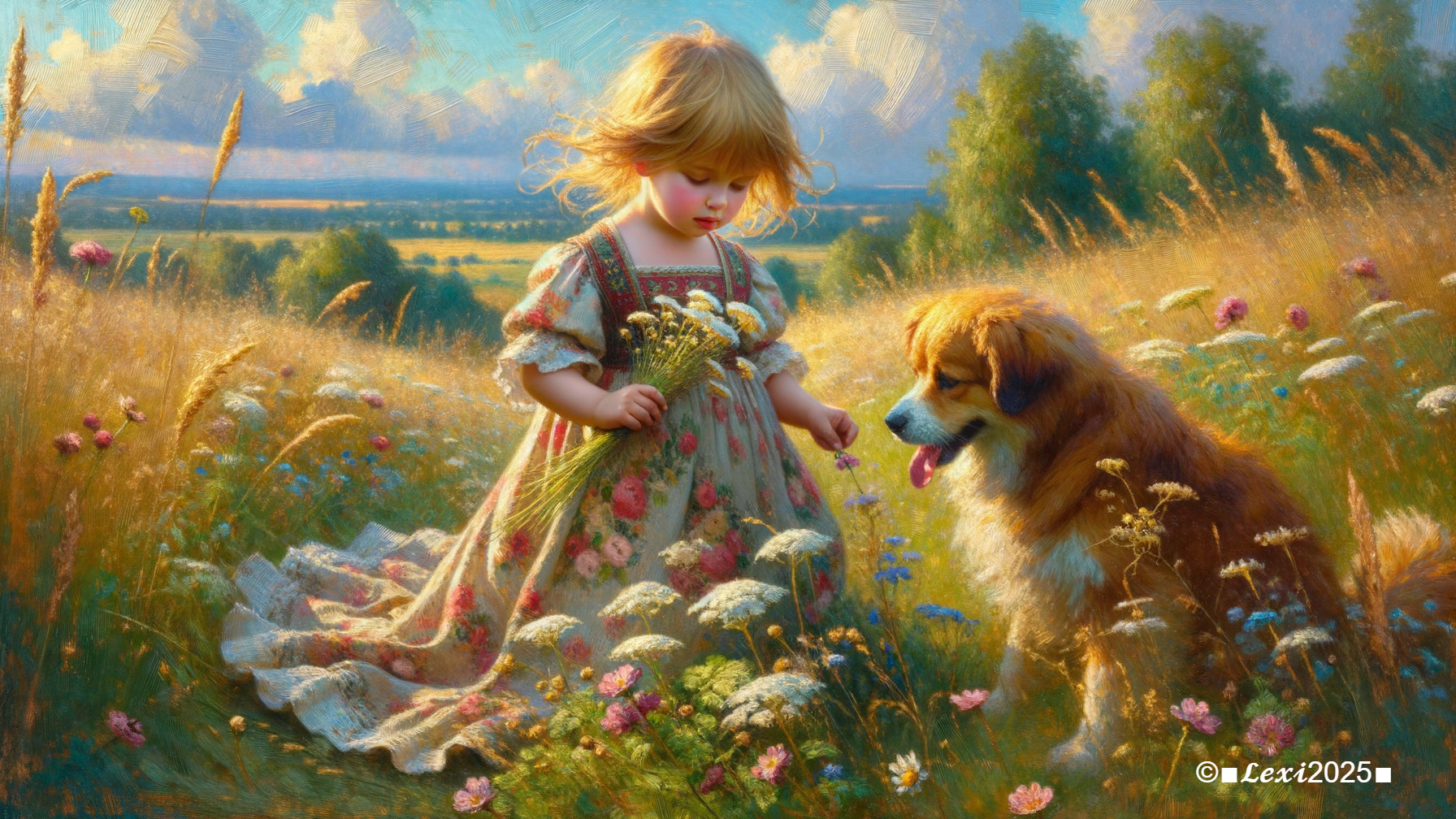 Young girl with flowers and dog in sunlit meadow