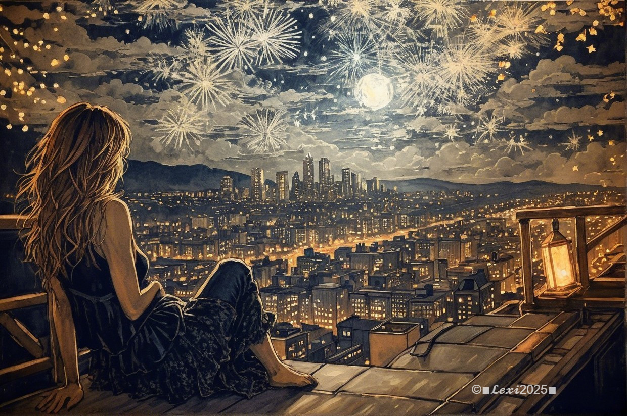 Woman on rooftop enjoying fireworks over city skyline