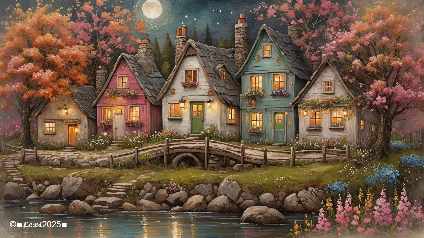 Charming Village Scene by Tranquil River at Night