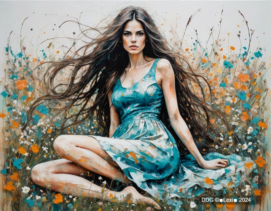 Young woman in blue dress among vibrant flowers