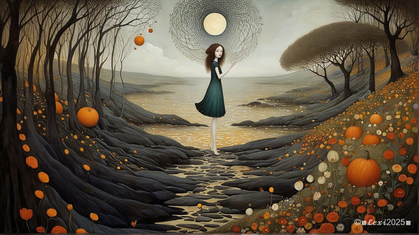 Serene landscape with girl by a glittering lake