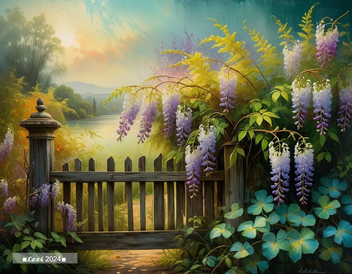 Rustic Gate in Serene Landscape with Wisteria and Lake