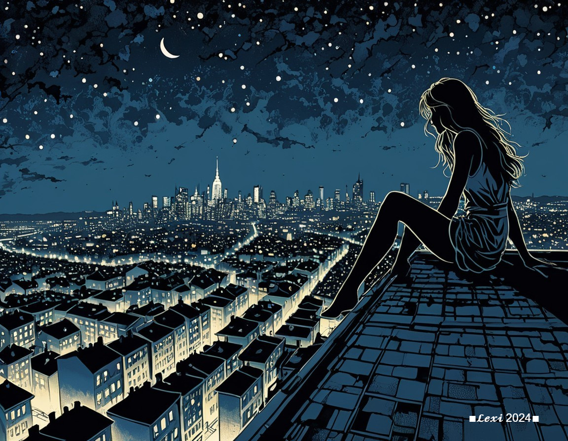 Silhouette of Woman on Rooftop Overlooking Cityscape