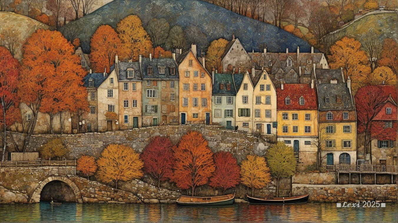 Picturesque Village by Calm River with Autumn Foliage
