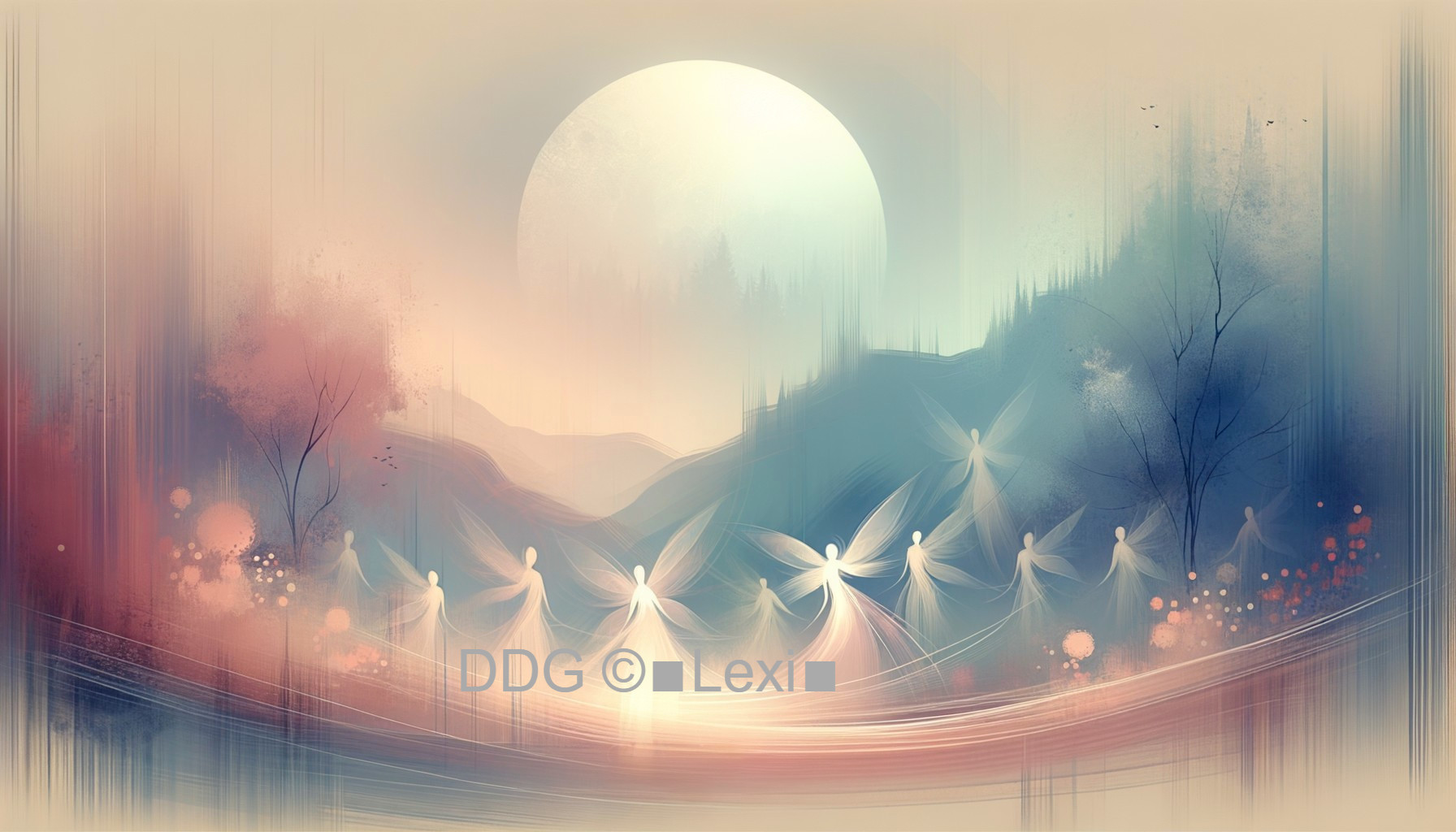 Serene Landscape with Ethereal Figures and Moonlight