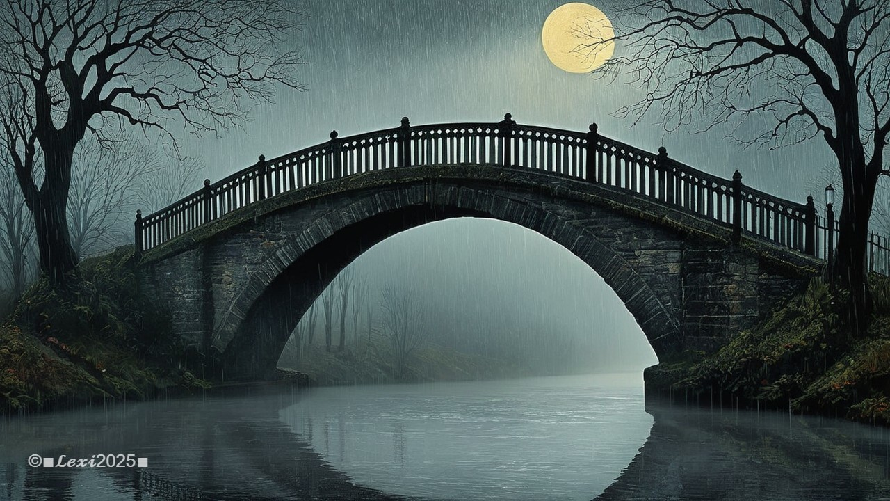 Misty Night Scene with Stone Bridge and River