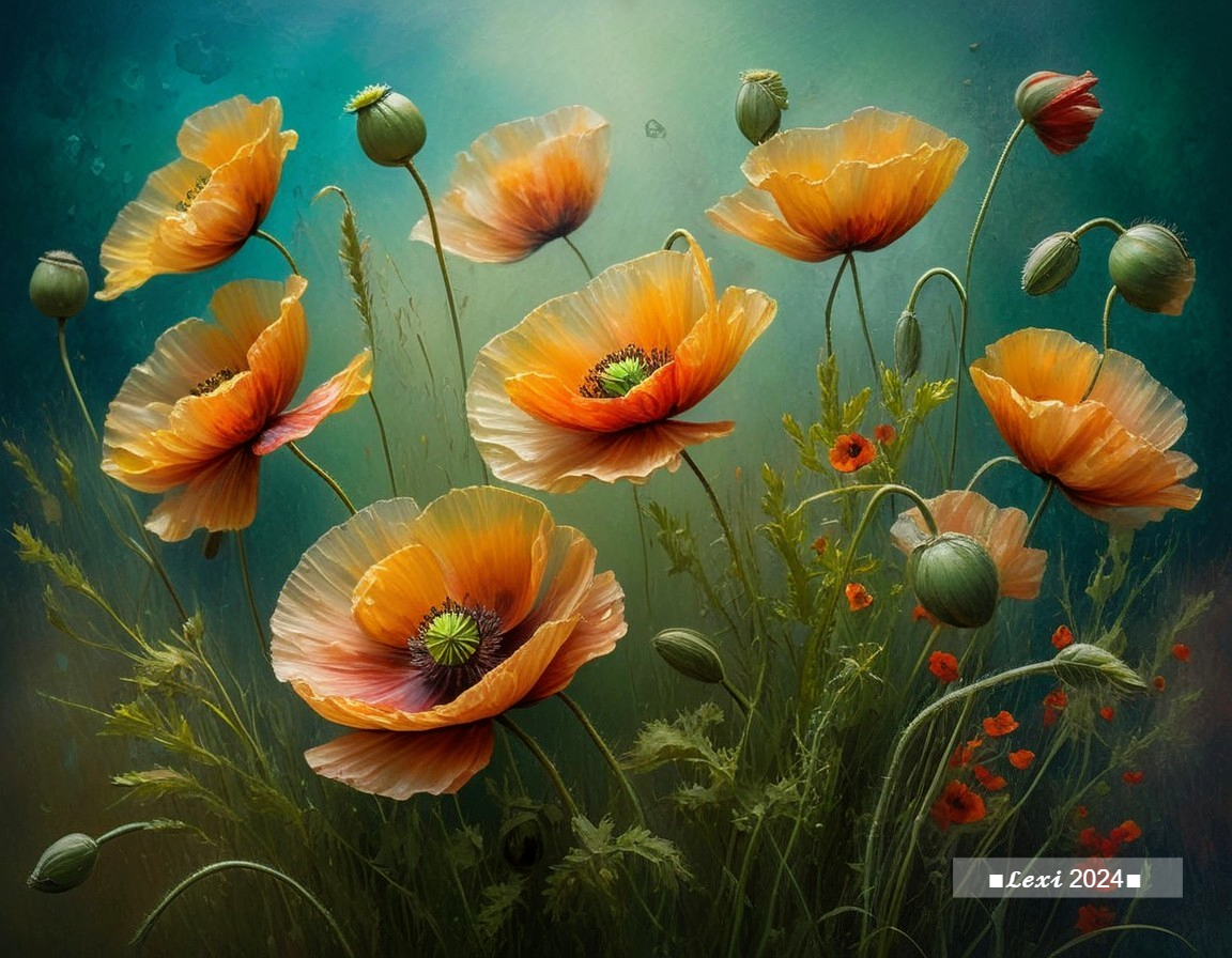 Vibrant Orange Poppies on Greenish-Blue Background